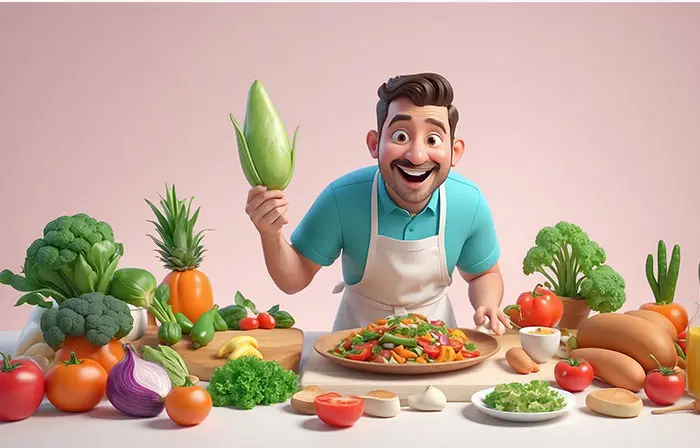 Happy Man in the Kitchen Making Fresh Salad 3D Cartoon Style Illustration image